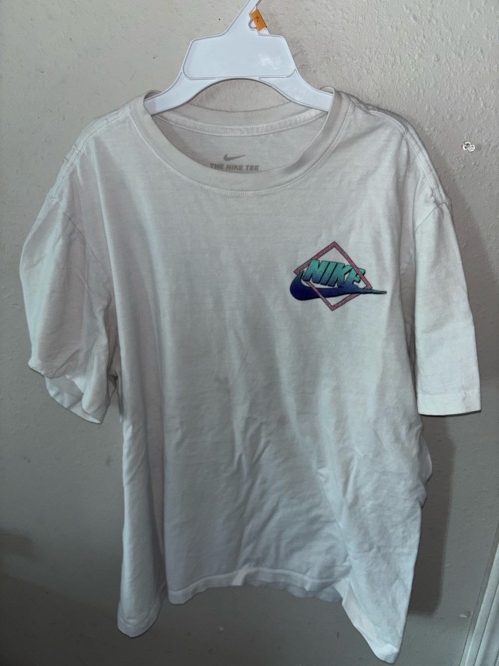 Nike White Tee with Teal and Purple Logo